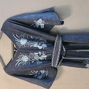 ESHAKTI blue denim embroidered dress with detachable obituary sash. Size L